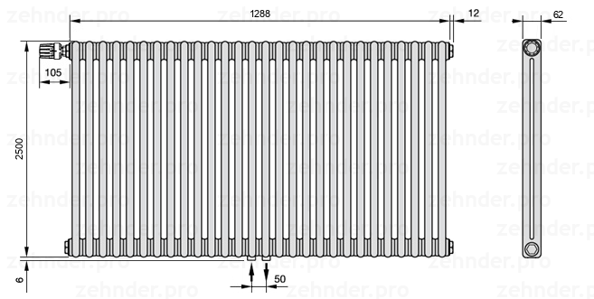 Схема (чертеж) Радиатор Zehnder Charleston 2250/28 №V007 Белый глянцевый RAL 9016